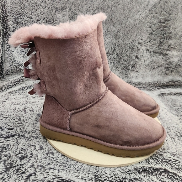 UGG Shoes - UGG Bailey Bow II Purple/Shadow Leather Sheepskin Boots Women's Size 7